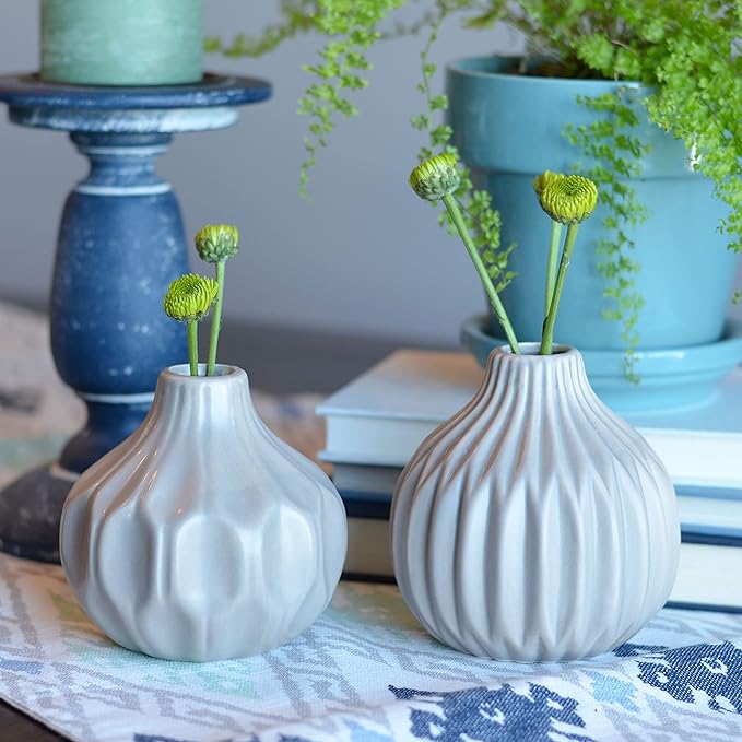 2 Piece Iconic Scandi Vase Set, Neutral Beige, Geometric, Stoneware, 4.25 Inches, Bud Flower Opening, Gourd Shape, Single Stem Vessel