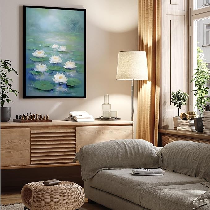 Zen wall art Delicate white lotus flower floating on calm water Vintage oil painting print Serene aquatic wall art creates a tranquil home decor 20x30in Metal blackFramed