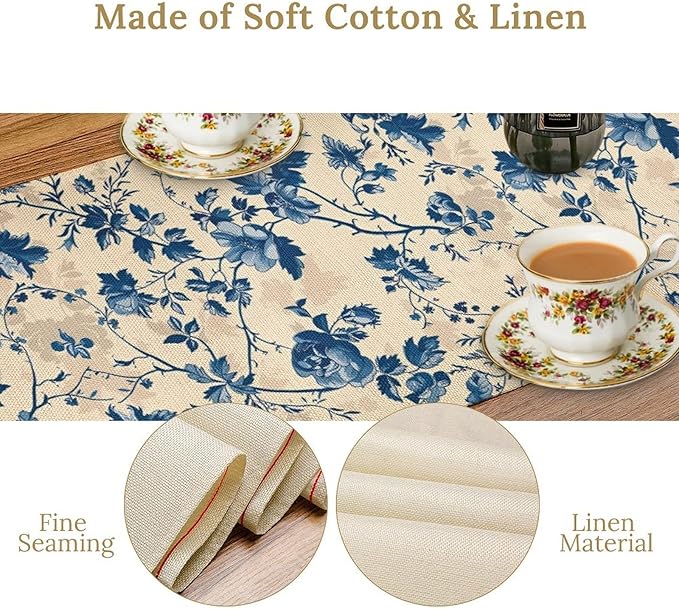 Vintage Floral Table Runner, Retro Blue Flowers Farmhouse Design Table Runner for Kitchen Dining Holiday Party Decor, 13x120 Inch