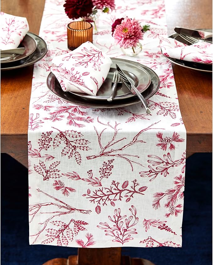 Solino Home 100% Pure Linen Christmas Table Runner 108 Inches Long - Red/White Table Runner 14 x 108 Inch - Handcrafted and Machine Washable - Winter Forest Print