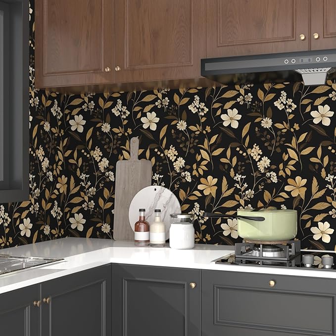 Black Floral Wallpaper Peel and Stick Gold Leaf Contact Paper 17.4" x 118" Boho Wallpaper Waterproof Self Adhesive Wall Covering for Bedroom Countertop Desk Cabinets Decor