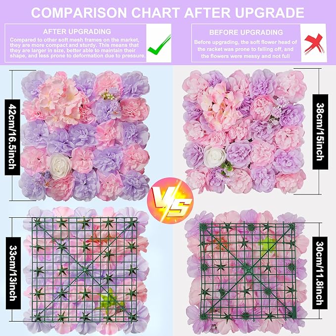 Artificial Flower Wall Backdrop 16pcs 16.5x16.5 Inch 3D Silk Rose Floral Wall Panel Ideal for Wedding Celebrations, Festive Party Birthday Backdrops and Elegant Home Decor-Pink and Purple