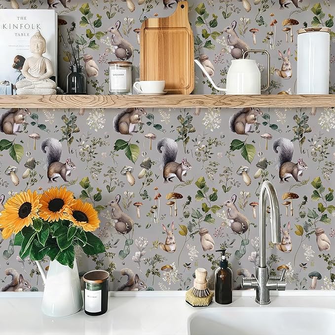 Whimsical Peel and Stick Floral Animal Contact Paper Squirrel Rabbit Removable Botanical Leaf Wallpaper 17.7" x 118.11" Wall Paper Watercolor Self Adhesive for Classroom Bedroom laundry room bathroom