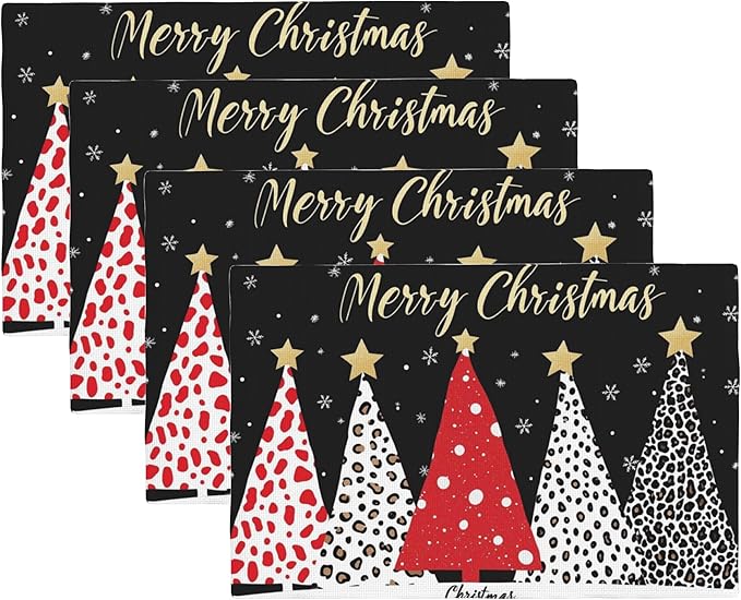 Merry Christmas Placemats Set of 4,Christmas Tree Placemats Dining Table Mat Set,12x18 Washable Stain Resistant Wipeable Cloth Placemat for Kitchen Buffet Parties