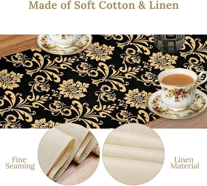 Gold Damask Table Runner,Gothic Antique Victorian Floral Boho Table Runner for Home Kitchen Table Dining Garden Farmhouse Wedding Party Decor 13x120 Inch