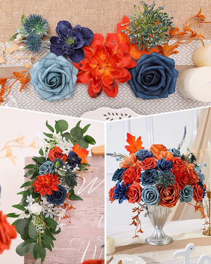 Senseya Artificial Flowers Combo, Teal Orange Silk Roses, Peonies, Dahlias with Stems for DIY Wedding Bouquets, Baby Shower, Table Centerpieces, Home Decor, Fake Floral Arrangements, Party Decorations