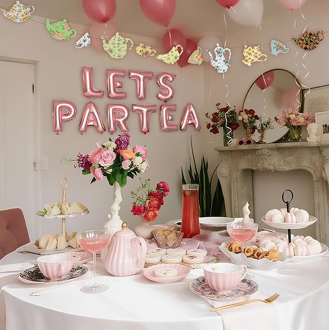 Let's Par Tea Decorations Tea Party Balloons Banner LET'S Par-Tea Foil Balloon Floral Teapots Teacups Balloons Banner Teacup banner for Birthday Baby Shower Wedding Party Supplies