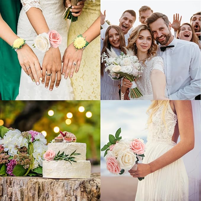 JOYLEX Artificial Flowers Realistic Roses, Real Looking Fake Roses with Stem for DIY Wedding Bouquets Centerpieces Bridal Shower Party Romantic Decorations (50pcs, White/Cream/Light Pink)
