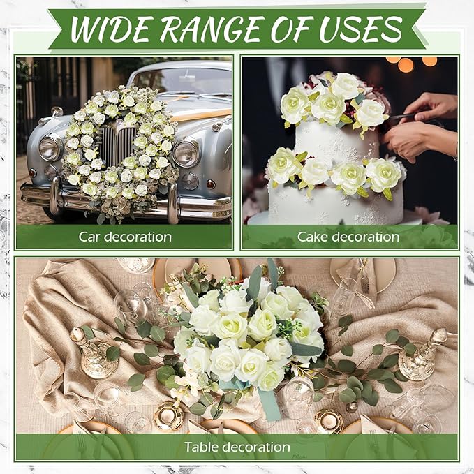 Zeyune 12 Pack Wedding Bridesmaids Bouquets 7 Inch Artificial Rose Bouquets Silk Flowers with Stems Fake Floral Bundles Bulk for Wedding Bridal Shower Party Centerpieces Home Decor(White Green)