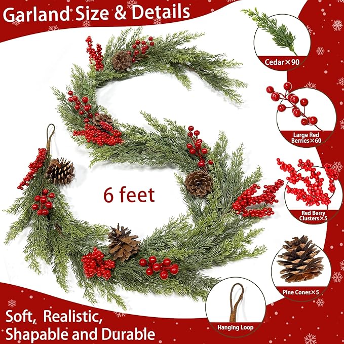 6 Ft Christmas Garland - Real Touch Cedar Garland with Red Berry Clusters Pinecones by 90 Cedar Branches, Realistic Greenery Faux,Christmas Garlands for Mantle Fireplace Table Centerpiece Decor