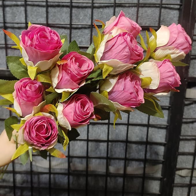 Artificial Roses 10 Pcs - Lifelike Single Stem Fake Roses with Natural Petal Texture,Fade-Resistant Silk Flowers for Wedding Decor,Home Vase Arrangements,Party Centerpieces(10, Magenta)