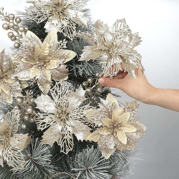 22 Pcs Champagne Christmas Poinsettia Artificial Flowers and Glitter Berries Stems Kit, Christmas Poinsettias Decorations and Christmas Tree Ornaments for Xmas Home Wedding Holiday Tree Decor