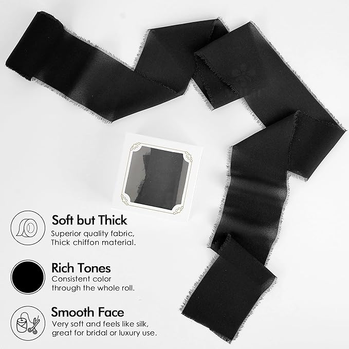 MEEDEE Black Chiffon Ribbon 3 Inch Frayed Ribbon Chiffon Silk Ribbons Black Fringe Wide Chiffon Ribbons for Crafts, Flower Bouquet, Wedding Favors Wrapping (2 Rolls 10 Yards)