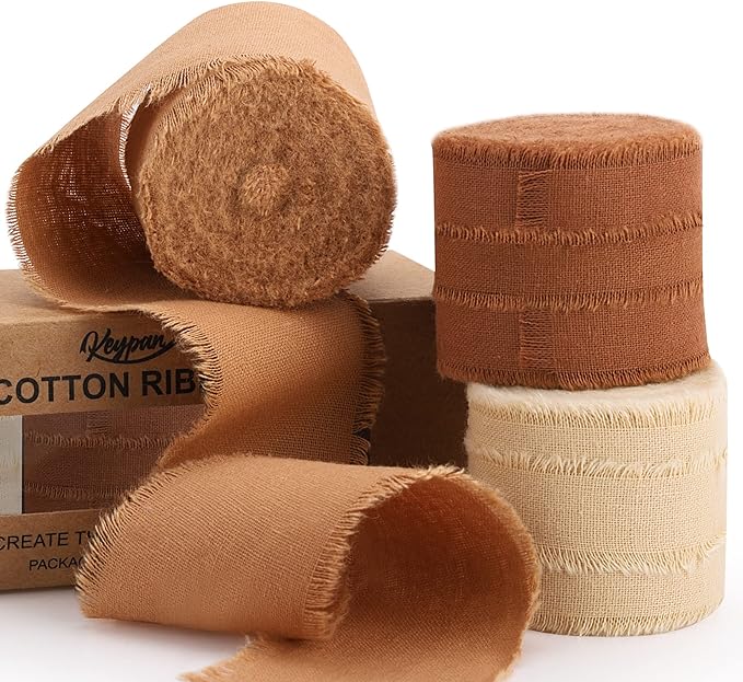 Fall Ribbon Brown 1-1/2 x 15 Yards Handmade Cotton Frayed Fringe Fabric Ribbons for Crafts Flower Bouquets Wedding Baby Shower Home DIY Decor