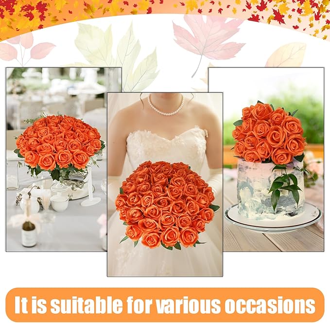 30pcs Fake Roses Artificial Silk Flowers Long Stems Bouquet for Wedding Bridal Shower Party Home Decoration (Orange)
