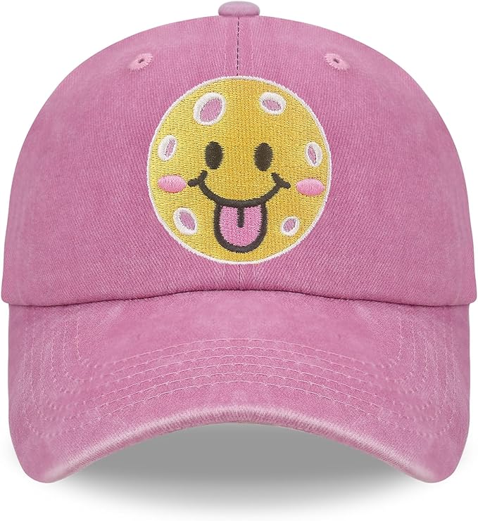Pickleball Hat for Women Men, Adjustable Embroidered Cotton Smiley Face Washed and Distressed Baseball Cap Pink