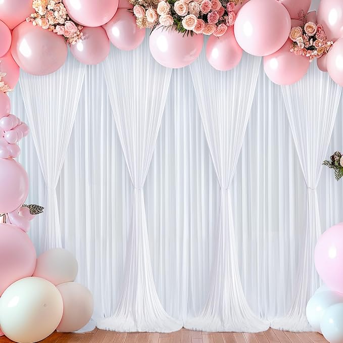 White Backdrop Curtains 8 Panels, 10 Feet Wrinkle-Free Polyester Photography Backdrop Drapes for Wedding Baby Shower Party Background Backdrop Stand- 32 X10FT (White)