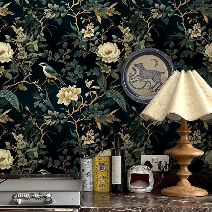 Dark Floral Peel and Stick Wallpaper Vintage Floral Contact Paper 16.9inchx118.1inch Flowers Bird Wallpaper Peel and Stick Boho Leaf Self Adhesive Removable for Bathroom Wall Paper Decor