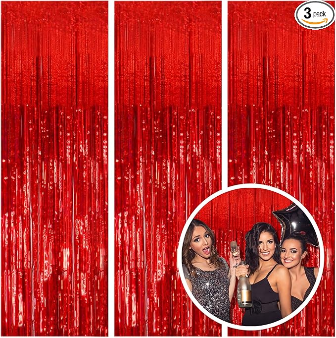 3 Pack Red Party Backdrop Tinsel Streamers Christmas Decorations Foil Fringe Backdrop Curtains Carnival Casino Theme Birthday New Year Holiday Celebration Bachelorette Party Decorations Supplies