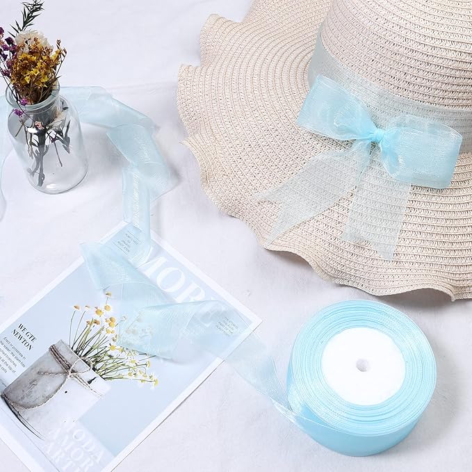 1.5 inch Sheer Organza Ribbon Sky Blue Chiffon Ribbon for Gift Wrapping Christmas Halloween Decoration Wedding Bouquet Crafts 50 Yards
