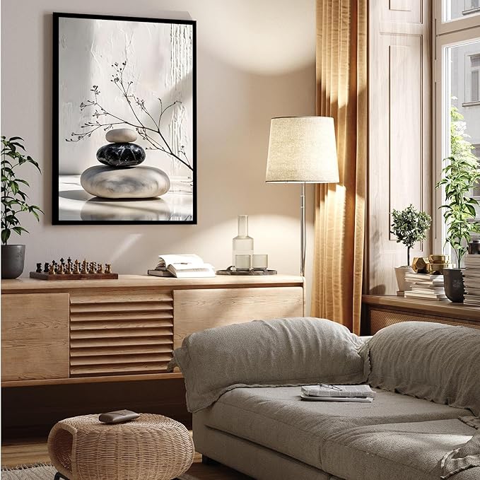 Gray and black stone pile and dried flowers poster canvas wall art in harmony Minimalist wall art for tranquil homes and mindful spaces 16x24in Metal blackFramed