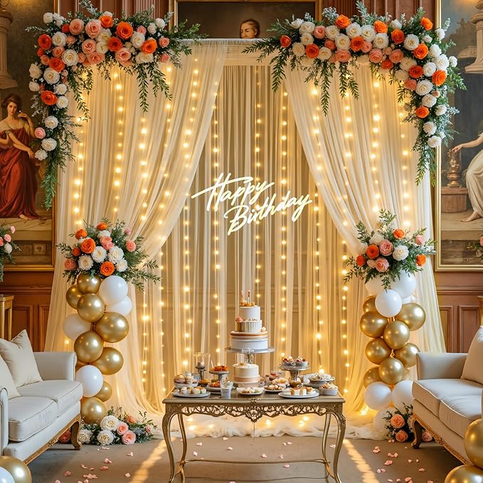 Champagne Tulle Backdrop Curtain for Parties Wedding 10ft×8ft Champagne Sheer Backdrop Curtains for Baby Shower Bridal Shower Reception Birthday Party Photoshoot Decorations 2 Panels 5ft × 8ft