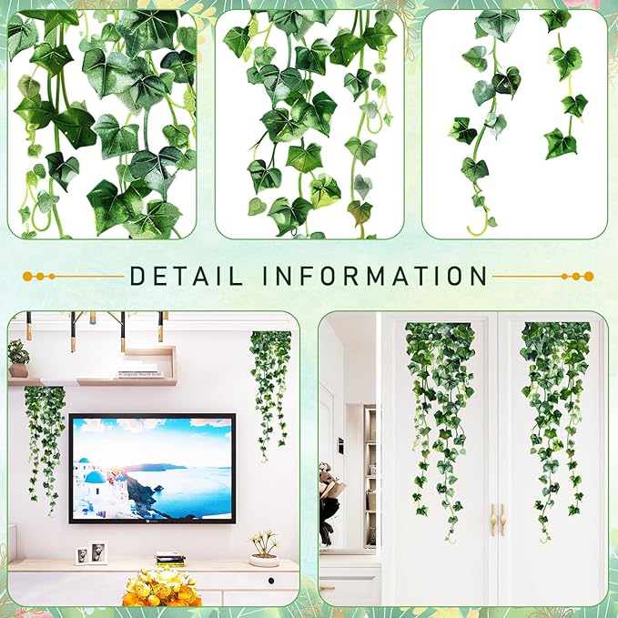 Green Plants Leaves Wall Decals Hanging Vine Wall Stickers Fresh Green Leaf Wall Art Removable Nature Botanical Vine Branches Leaves Murals for Kids Bedroom TV Background Home Decor 91