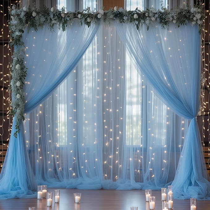 30×10ft Blue Tulle Backdrop Curtain with Lights String for Parties, Sheer Photo Backdrop Curtains for Wedding Party Photography Background
