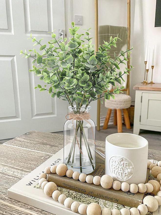 Artificial Eucalyptus Stems in Glass Vase with Faux Water, 14.57" Small Fake Plants Eucalyptus Leaves for Centerpiece Table Bathroom Farmhouse Shelf Kitchen Office Home Faux Greenery Decor