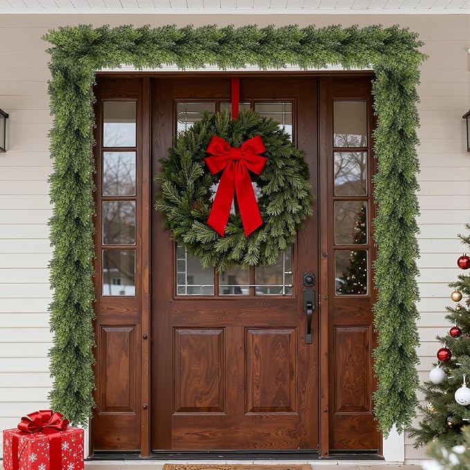 Real Touch Cedar Garland, Christmas Artificial Realistic Faux Cypress Pine Garlands, Christmas Greenery Garland Decorations for Mantle, Table, Stairs, Doorframe, Fireplace, Winter Garlands(9FT)