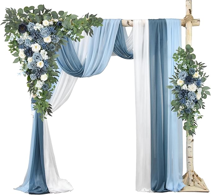 Wedding Arch Flowers Pack of 5,2pcs Large Artificial Floral Swag Arrangement and 3pcs Fabric Drap for Wedding Ceremony Arbor Reception and Backdrop Outdoor Decoration (Blue and White)