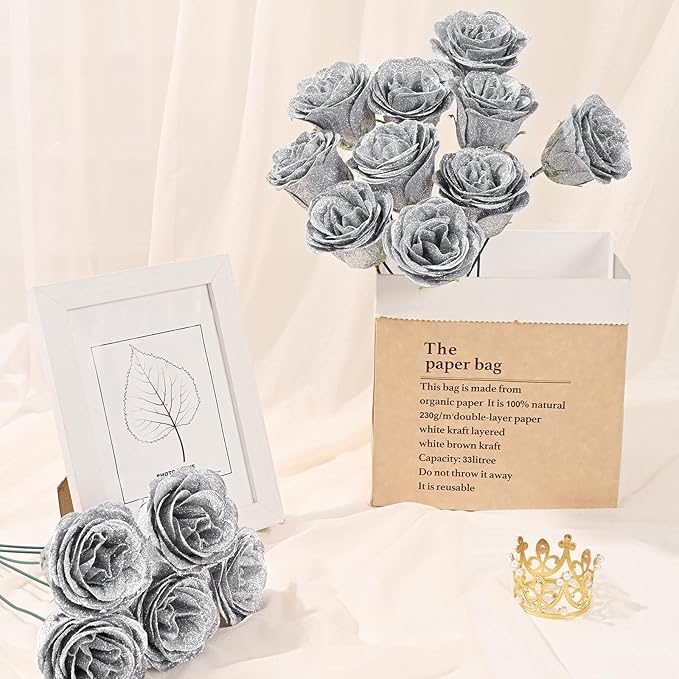 Waipfaru Glitter Roses Bouquet, DIY Fake Flowers Bouquet, Birthday Gifts for Women Mom, 36 Pcs Silver Rose for Grandma Wife Girlfriend Valentines, Mothers Day, Anniversary, Graduation