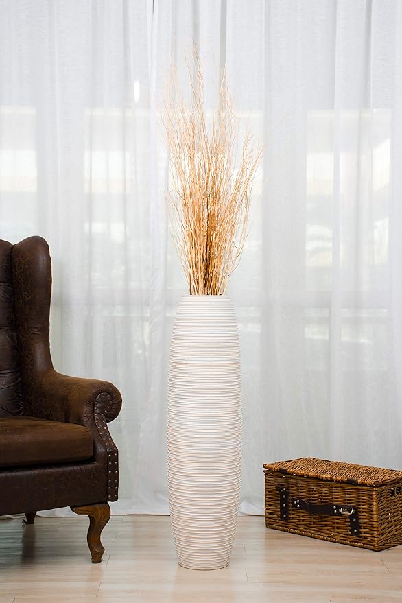 Leewadee Large White Home Decor Floor Vase - Wooden 34 inch Tall Farmhouse Decor Flower Holder for Fake Plant and Pampas Grass