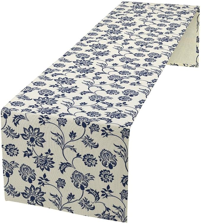 Boho Floral Table Runner, Navy Blue Paisley Flower Traditional Porcelain Vintage Decor Table Runner for Kitchen Dining Party, 13x90 Inch