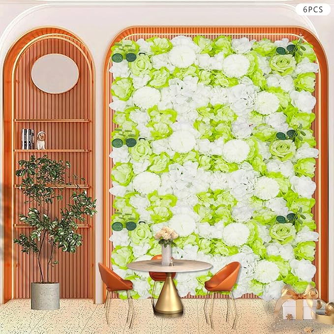 15"x 15" Artificial Flower Wall Panels,Flower Wall Mat Silk Flower Panels for Outdoor Garden Backyard Fence Fence Privacy Screen and Indoor Wall Decor(6Pcs Green+White)