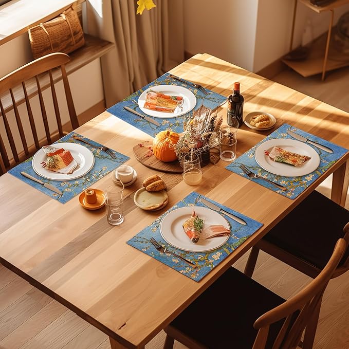 Blossoming Almond Tree Placemats Set of 4, Retro White Flower Place Mats Heat Resistant Washable Non-Slip Table Mats for Party Kitchen Dining Decor 12x18 Inch