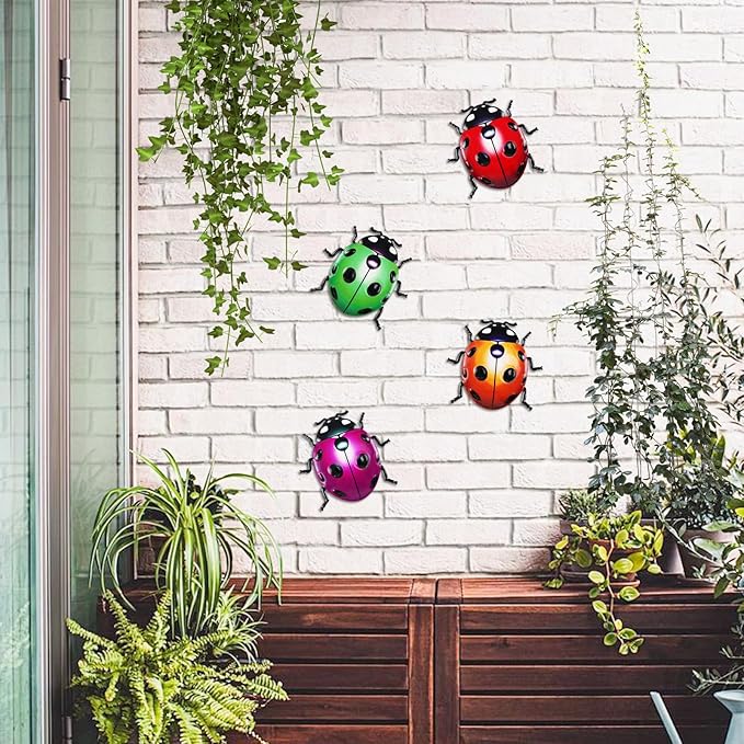 ULENDIS 4 PCS Cute Metal Ladybugs Wall Art Decor, 6.3 Inch Large Outdoor Wall Art Patio Fence Decorations, Colorful Yard Art Lawn Ornaments for Backyard Balcony