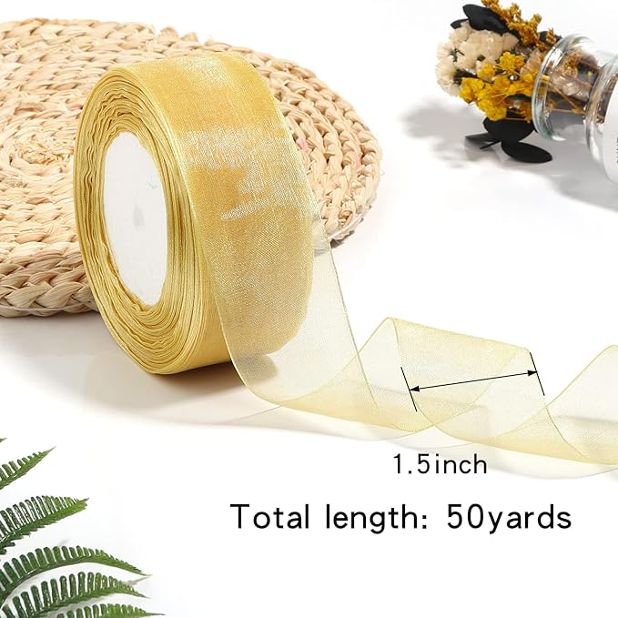 1.5 inch Sheer Organza Ribbon Gold Chiffon Ribbon for Gift Wrapping Christmas Halloween Decoration Wedding Bouquet Crafts 50 Yards