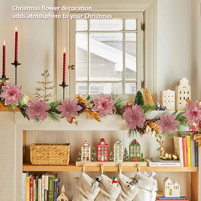 RECUTMS 66 Pcs 3 Styles Christmas Ornaments Christmas Glitter Poinsettia Flowers Artificial Christmas Tree Flower Decorations Wedding Wreath Floral Decorations (Rose Gold)