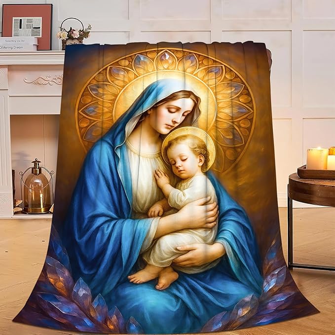 Virgin Mary Blanket Mother of God Throw Blanket Catholic Religious Soft Cozy Fleece Fuzzy Christian Stuffed Plush God Faith Flannel Gifts for Girls Women Boys Kids Adults 50"X60"