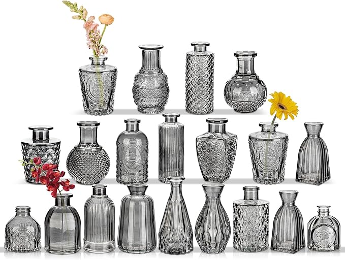 Glass Bud Vases Set of 20, Small Flower Vase in Bulk for Centerpieces, Mini Vintage Grey Vases for Rustic Wedding Vintage Home Table Decor