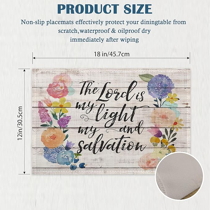 Wooden Flower Love Placemats Set of 4, Linen Place Mats Heat Resistant Non-Slip Washable Table Mats for Dining Kitchen Party Decor 12"x18"