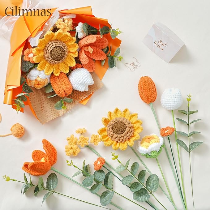 Cilimnas Crochet Flower Bouquet,Orange Knitted Flowers, Handmade Sunflowers Tulips Roses Bouquet for Birthday Anniversary Party Mother's Day Graduation Gifts