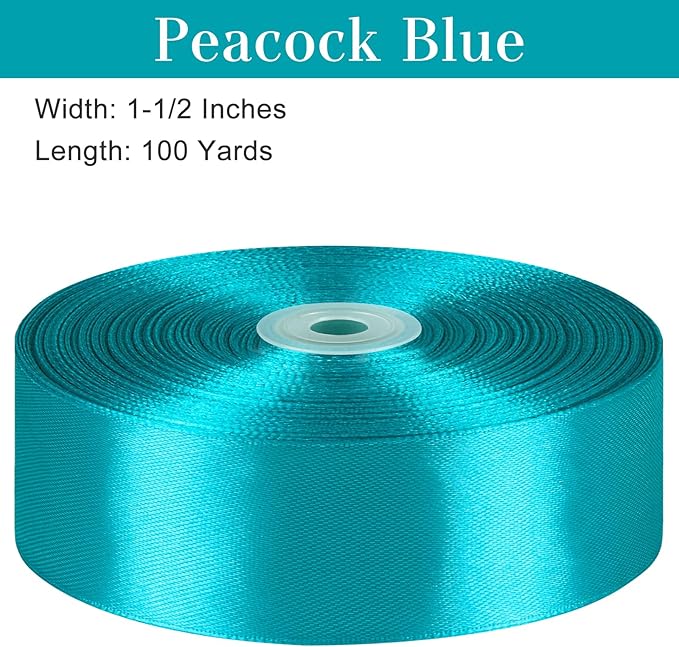 1-1/2 Inches 100 Yards Peacock Blue Satin Ribbon, Ribbon Roll for Flower Bouquets, Gift Wrapping, Wedding, Handmade Crafts