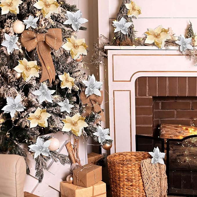 Boao 24 Pieces Christmas Artificial Glitter Poinsettia Flowers Xmas Flowers Wedding Christmas Tree New Year Ornaments (Gold and Silver)