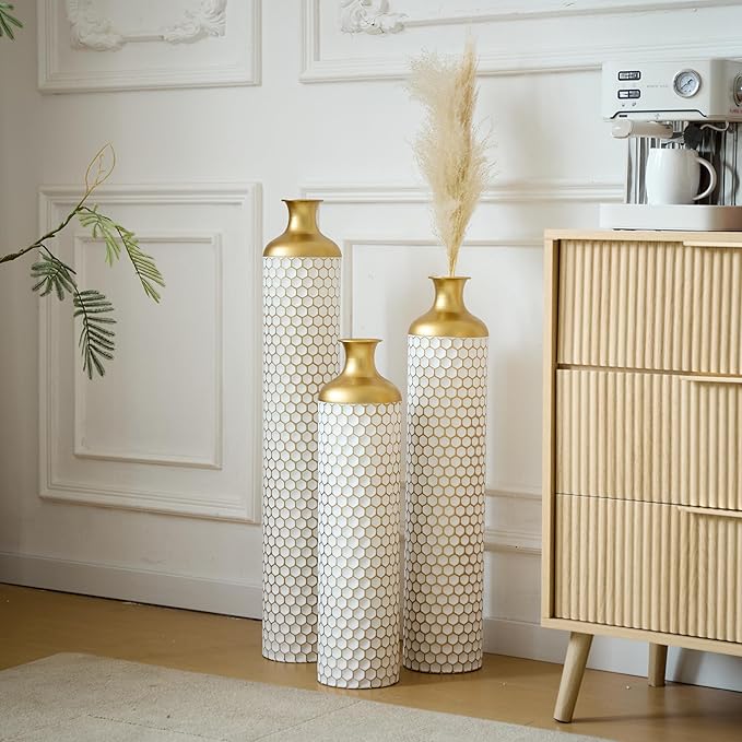 Floor Vases, Tall Home Decor Metal Vase Set of 3 Large Glazed Decorative Vases for Wedding Decor, Elegant Modern Flower Holder for Living Room, Entryway, Hallway, Dining Room