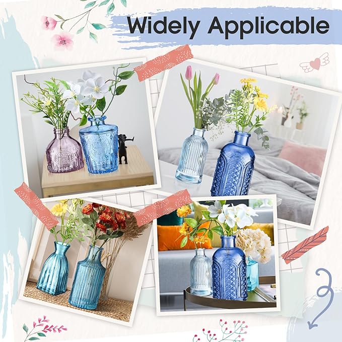Yaomiao 30 Pcs Vases Bulk Colored Flower Glass Christmas Vases Bud Vintage Colored Glass Bottles Colorful Rustic Embossed for Home Wedding Table Decorations Gifts(Blue Series)
