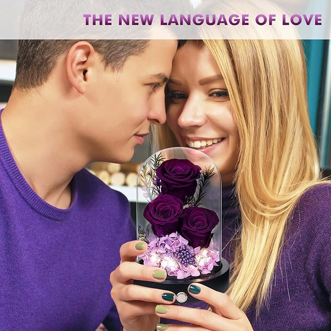 Gifts for Women,Preserved Roses in Glass Dome, Forever Flowers for Delivery Birthday Gifts for Wife Girlfriend Mom on Valentines Day Anniversary Christmas Eternal Rose Purple