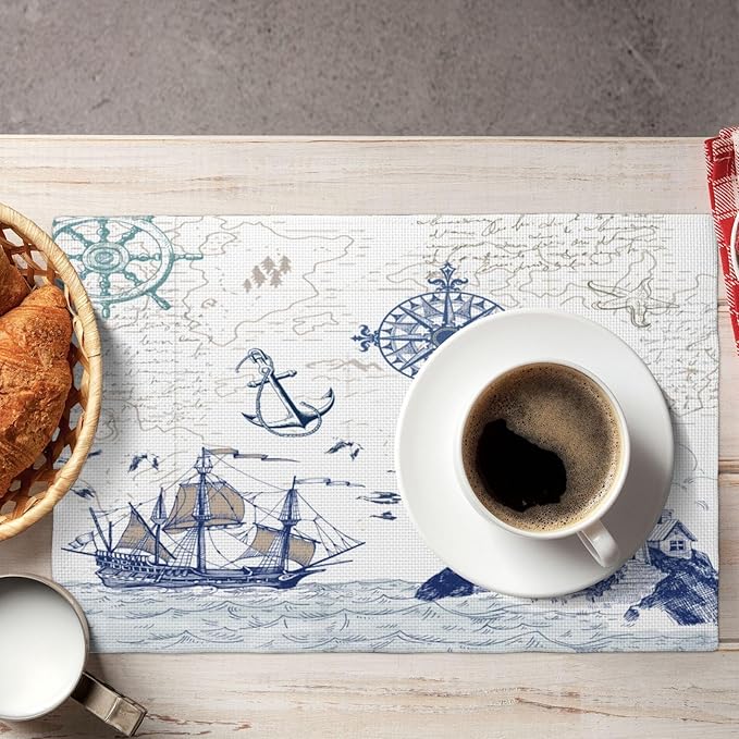 Nautical Placemats, Simple Hand Painted Blue Ocean Sailboat Map Lighthouse Compass Print Washable Fabric Placemats Table Kitchen Dining Party 12x18 Inch Set of 6