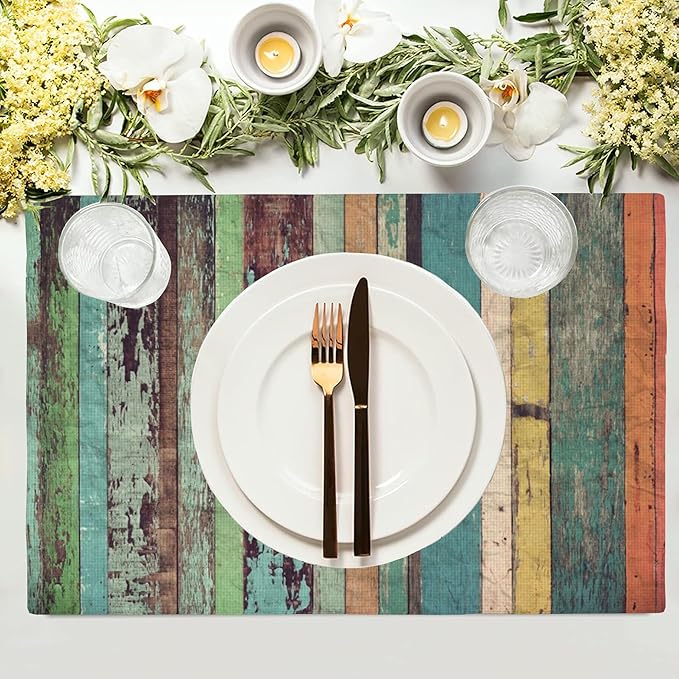 Vintage Colorful Wooden Placemats Set of 4, Placemats Dining Table Mat Set,12x18 Washable Stain Resistant Wipeable Cloth Placemat for Kitchen Buffet Parties